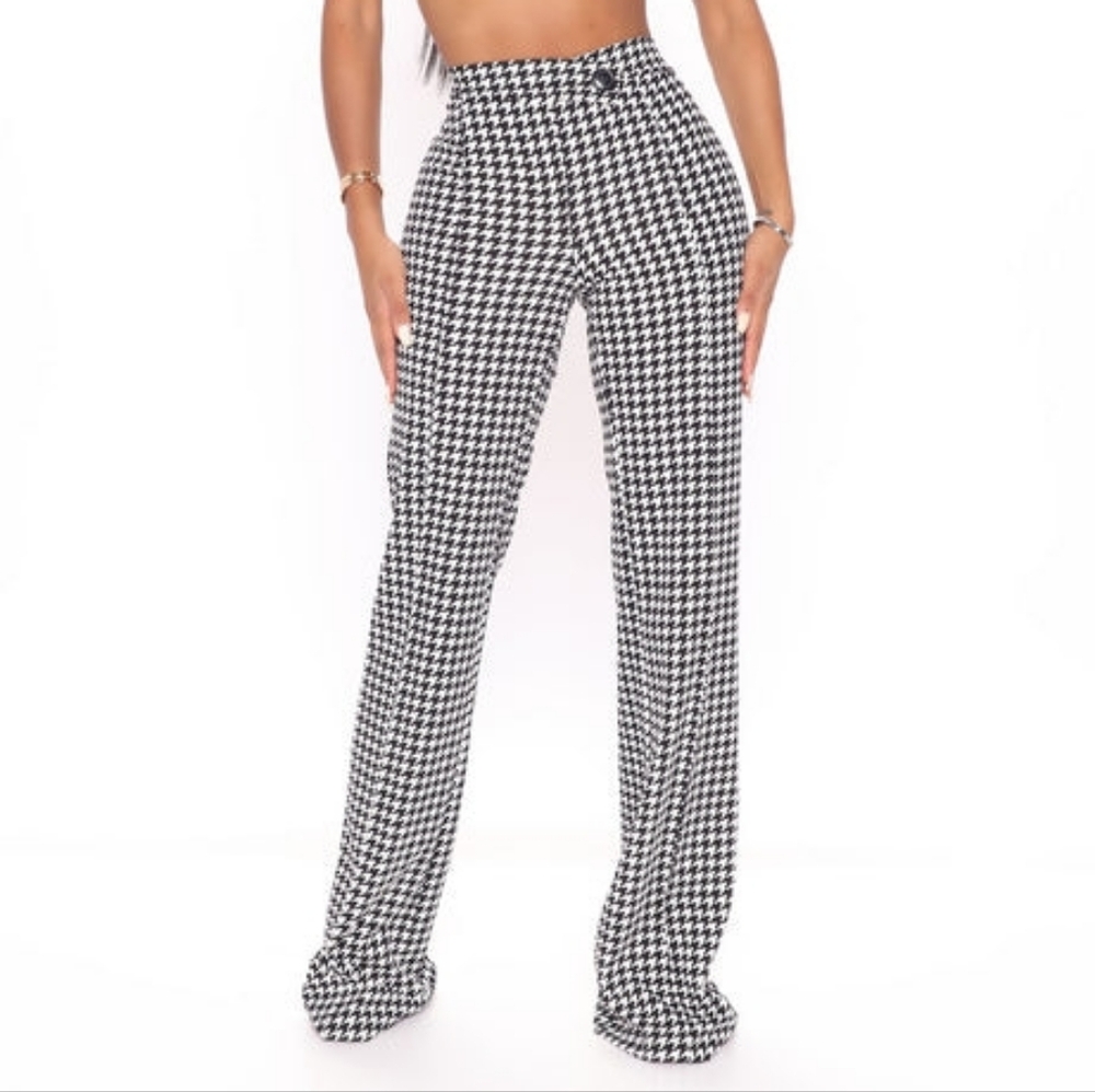 Black & White Houndstooth Wide-Leg Pants - L - Retro Chic Mod Offic